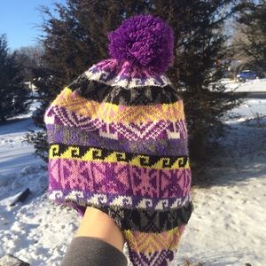Purple winter Aztec style hat with fuzzy interior